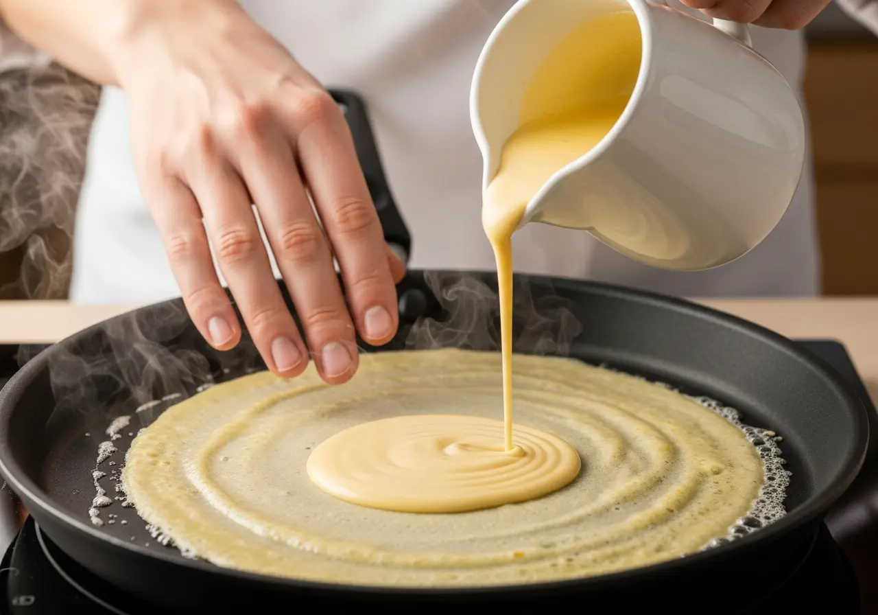 Step 5: Pouring and swirling crepe batter in a hot pan to create a thin, even circle.