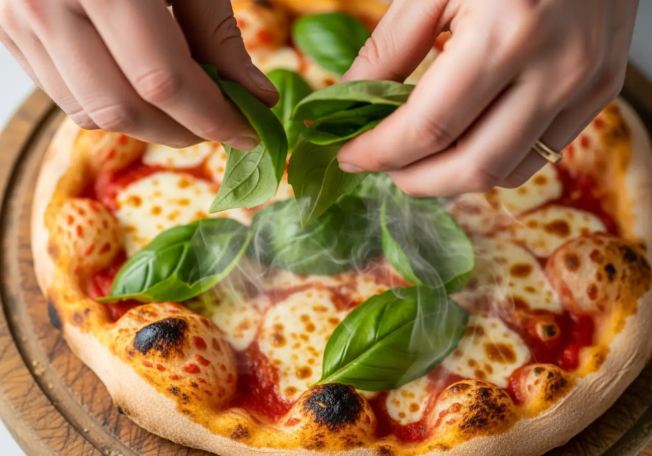 Tearing fresh basil leaves over a hot, freshly baked Margherita pizza just out of the oven.