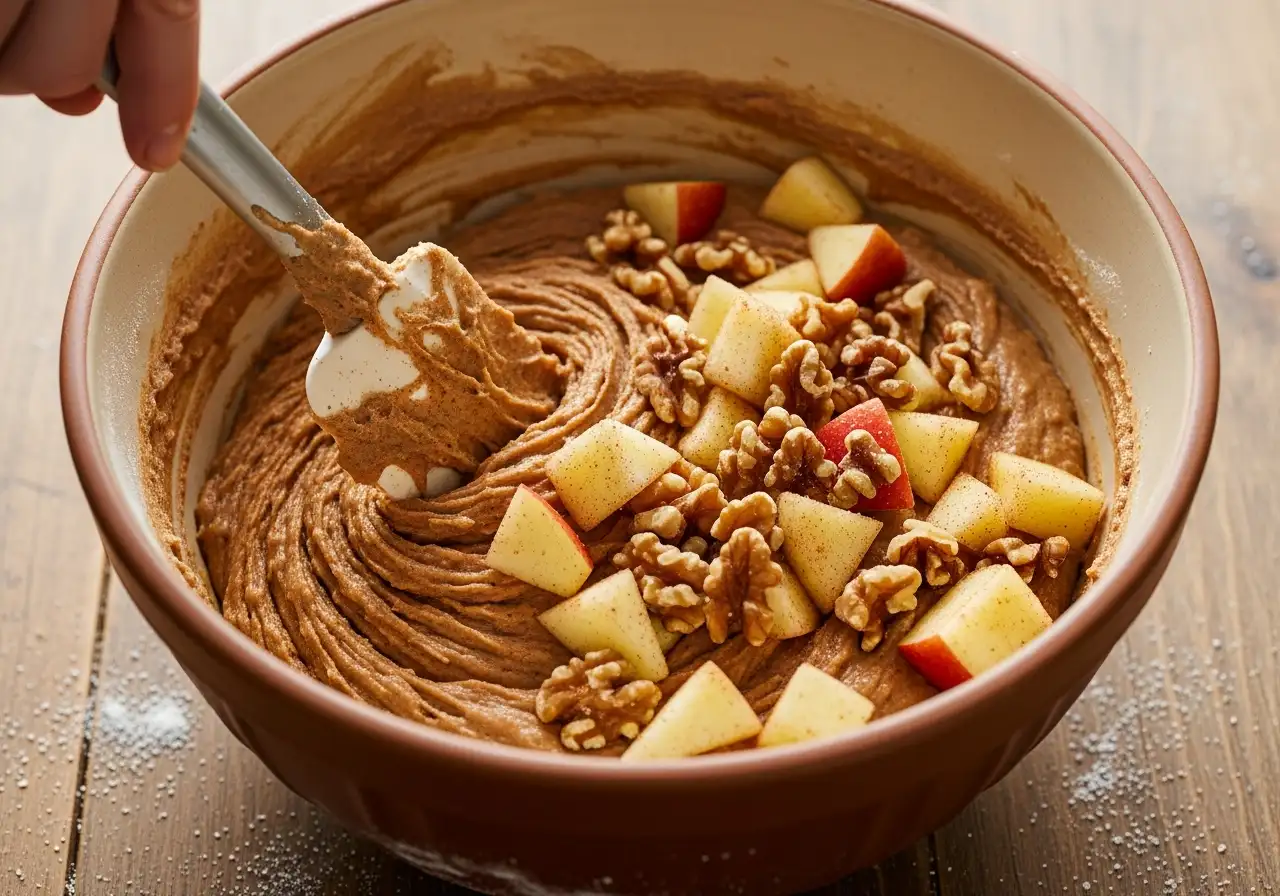 Step 6: Gently folding cinnamon apple chunks and walnuts into quick bread batter.
