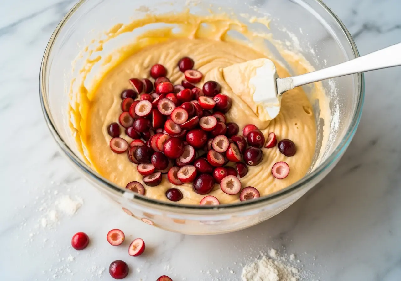 Step 6: Gently folding red cranberries into zesty orange cake batter.