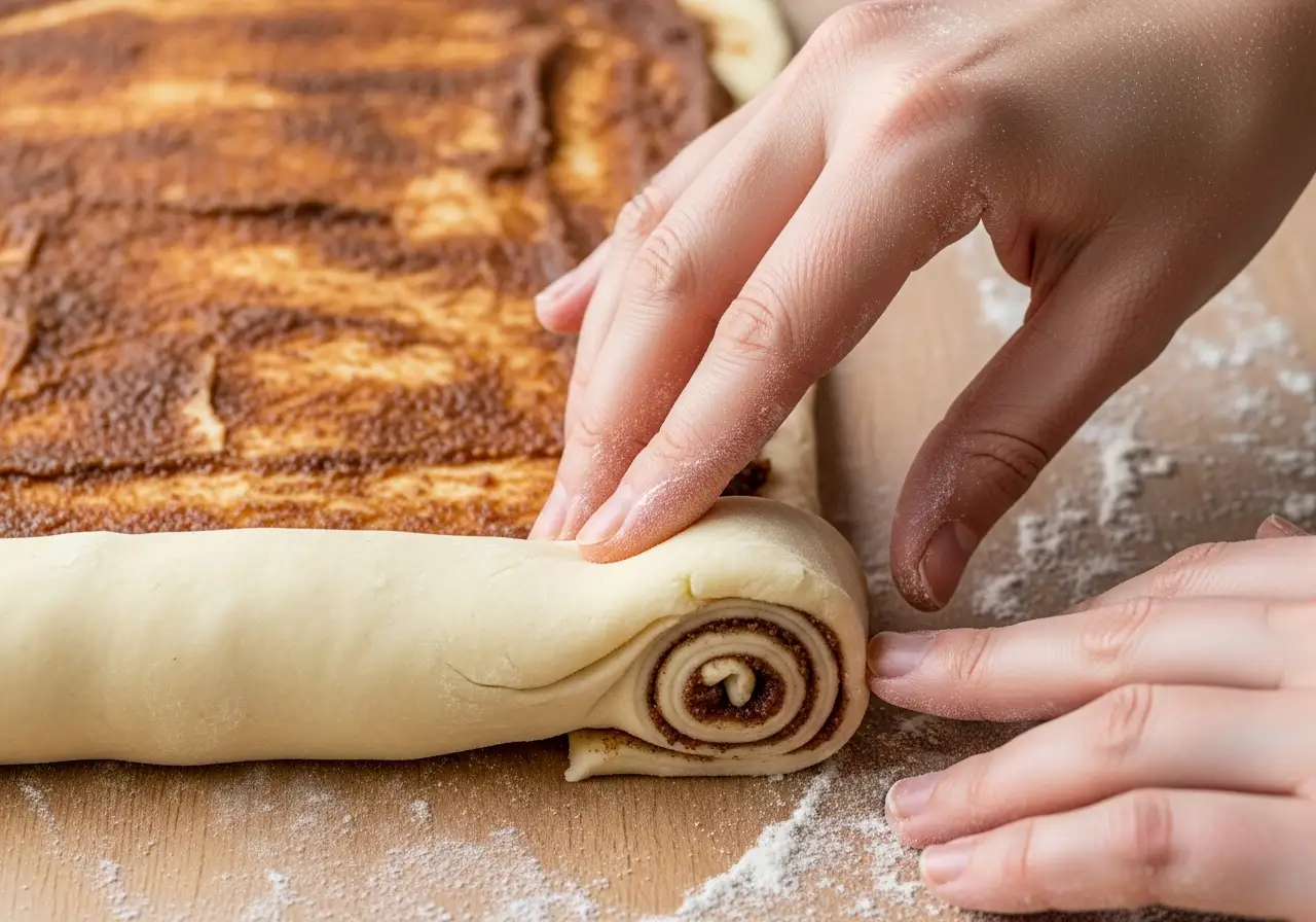 Step 6: Rolling cookie dough spread with cinnamon-sugar butter into a tight log to create the signature swirl.