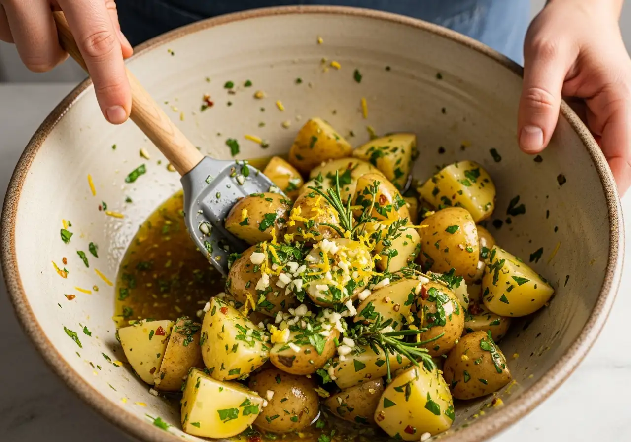 Step 6: Tossing parboiled potato chunks in a bowl with lemon juice, zest, garlic, and fresh herbs. 