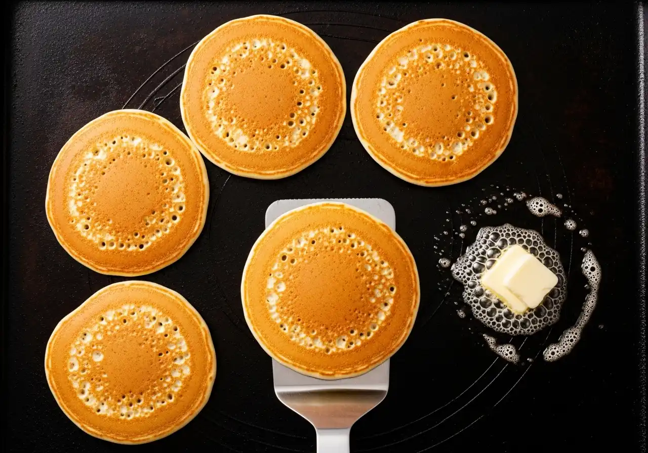 Step 7: Flipping a golden-brown pancake on a hot griddle as bubbles form.