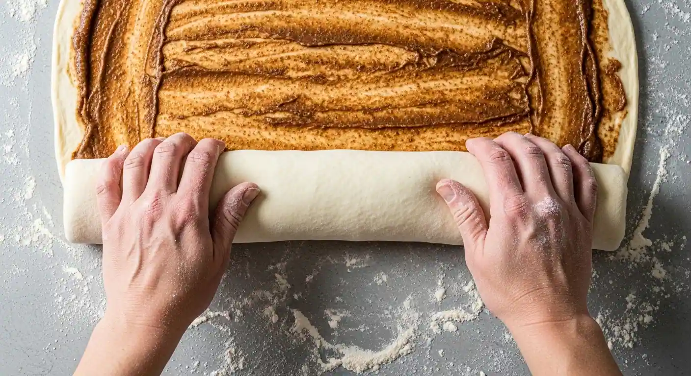 Step 7: Hands rolling cinnamon sugar-filled dough into a log to form cinnamon roll swirls.