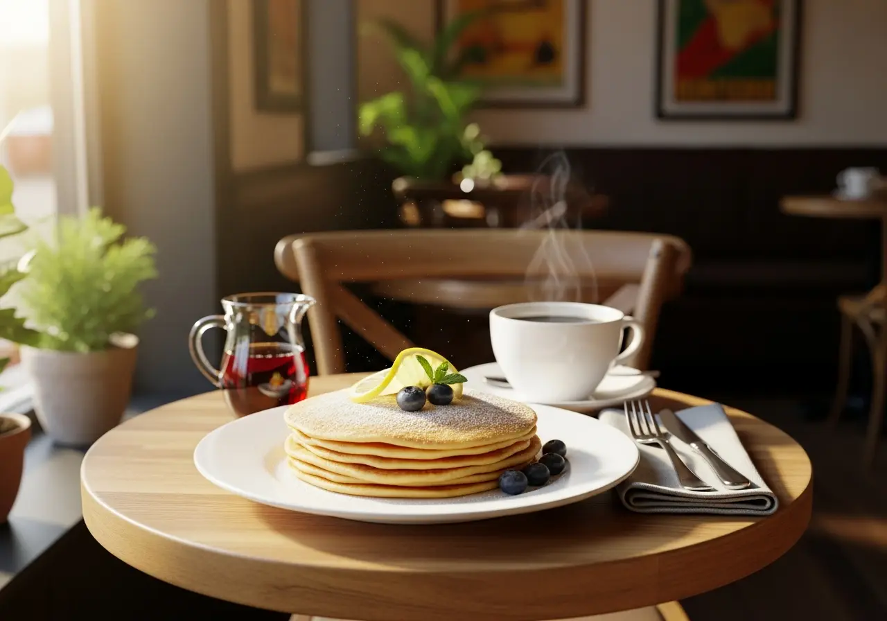 Stack of sweet crepes served for breakfast with powdered sugar, lemon, and a cup of coffee.
