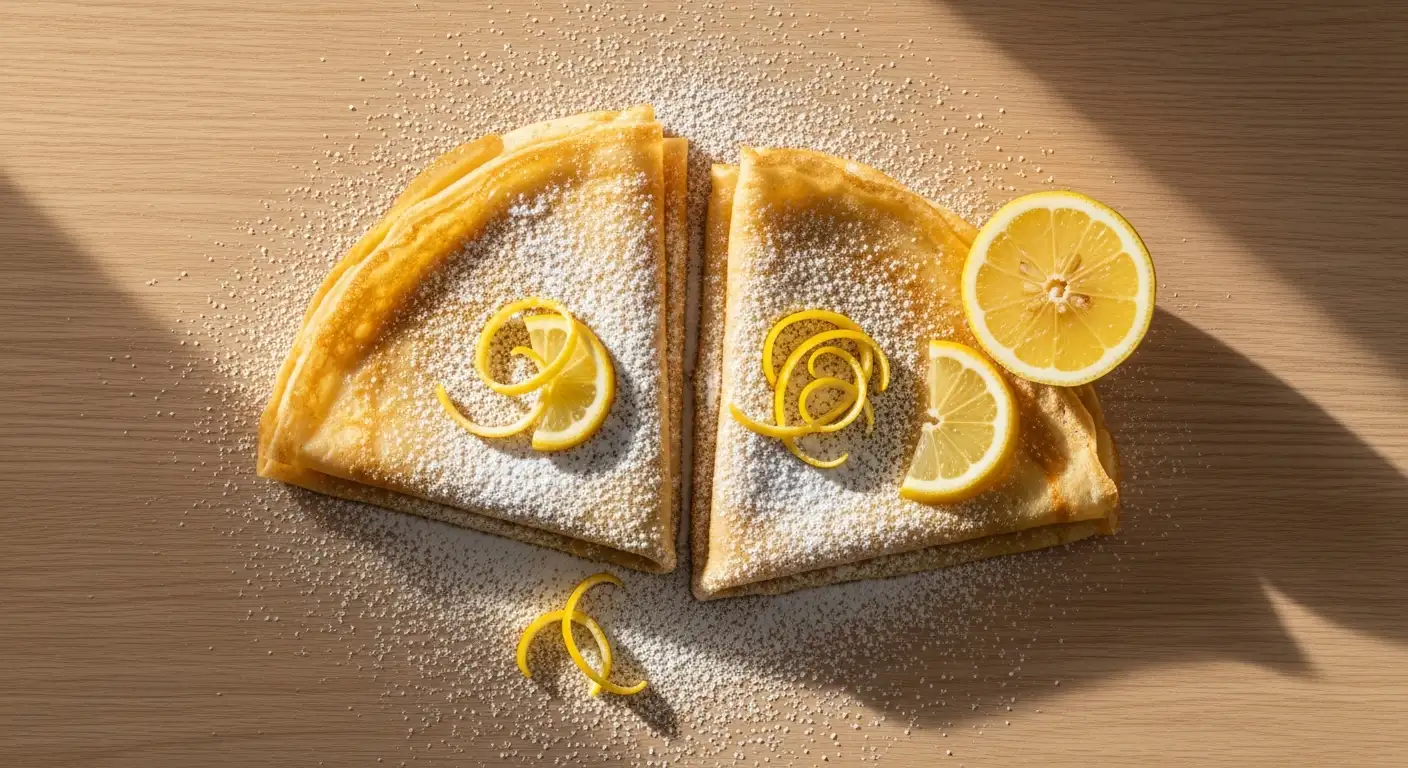 Overhead shot of thin, folded sweet crepes dusted with powdered sugar and garnished with lemon.