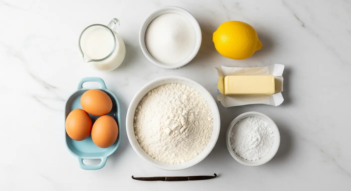 Ingredients for sweet crepes: flour, eggs, milk, sugar, lemon, butter, and powdered sugar.