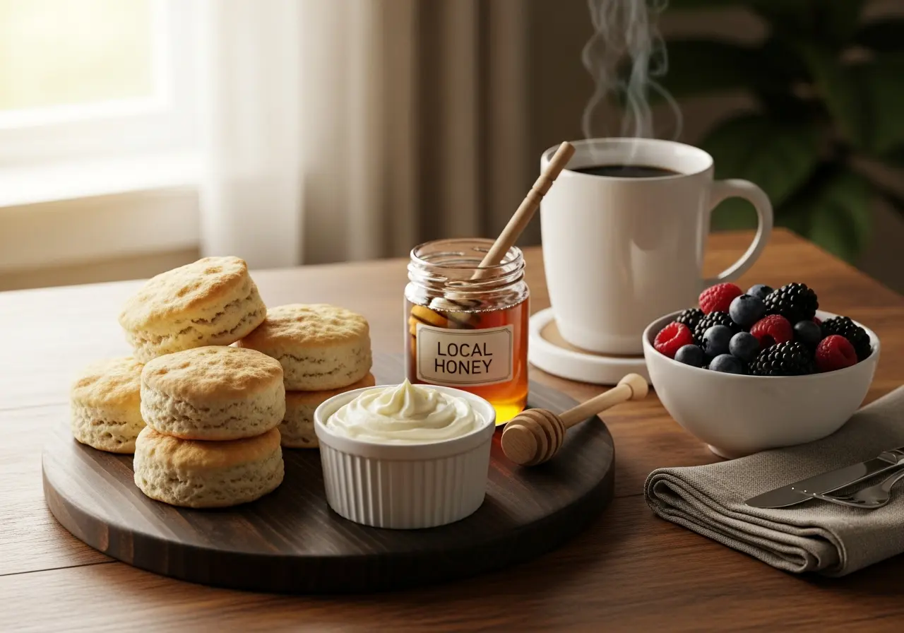 A breakfast board with sweet potato biscuits, maple butter, berries, and coffee.