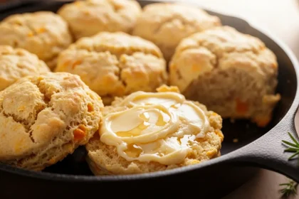 Cast-iron skillet of sweet potato biscuits with one split open and melting maple butter.