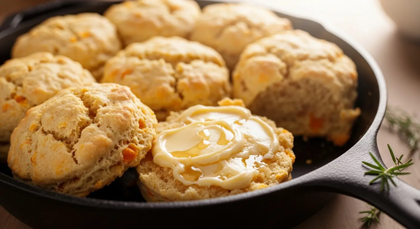 Cast-iron skillet of sweet potato biscuits with one split open and melting maple butter.
