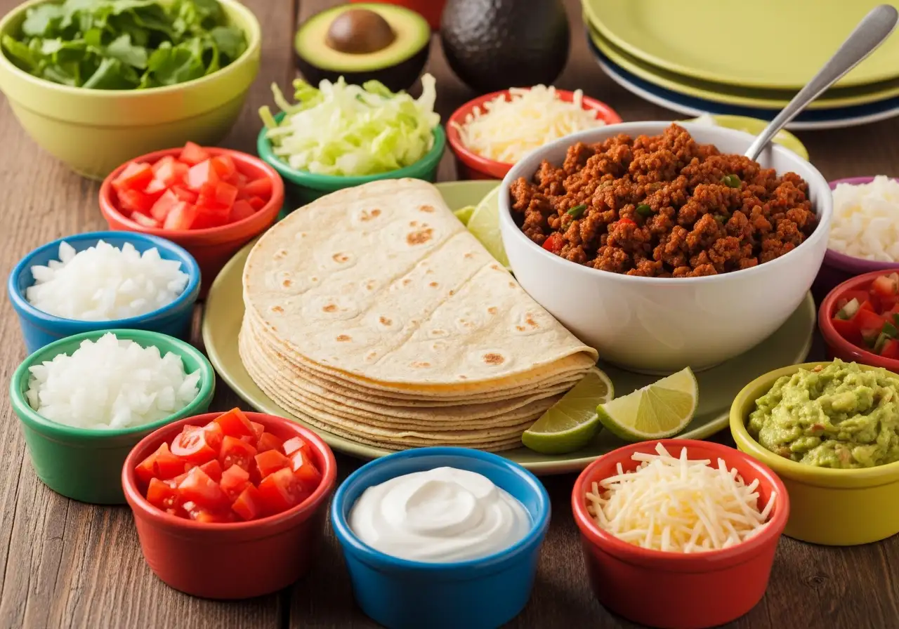 Taco night spread with seasoned ground beef, tortillas, and bowls of fresh toppings.