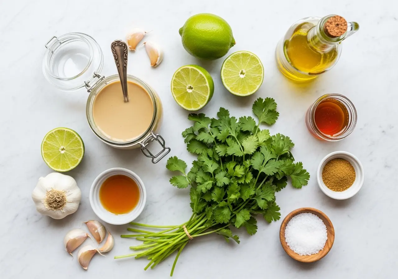 Ingredients for tahini dressing: tahini paste, fresh limes, cilantro, garlic, olive oil, cumin, and honey on marble.