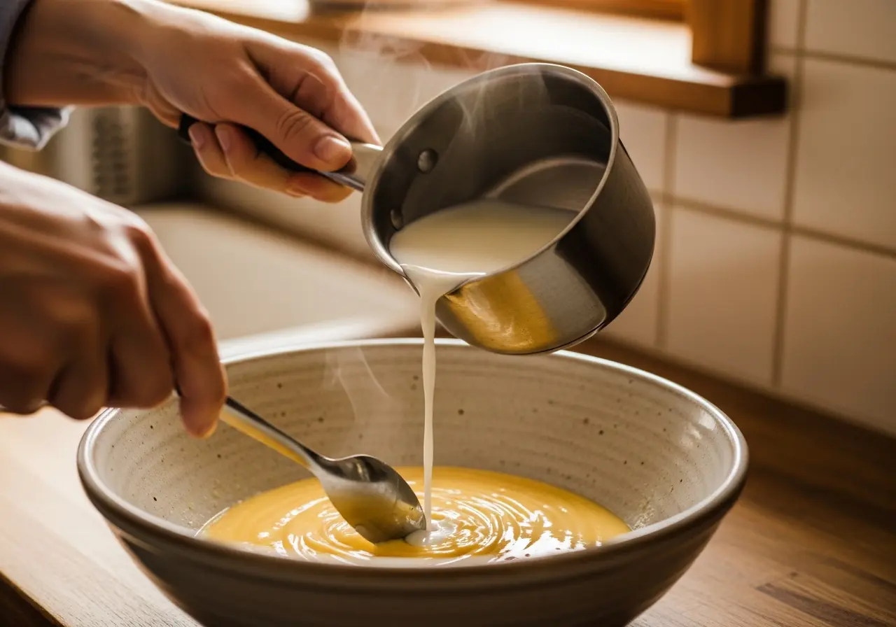 Step 4: Tempering egg yolks by slowly adding warm milk to prevent curdling.