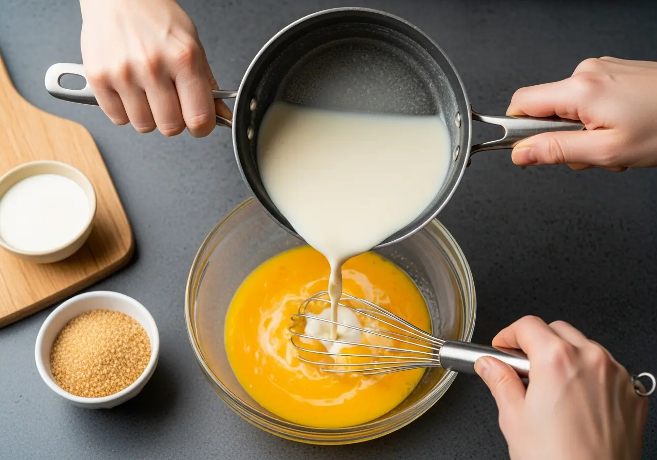 Slowly pouring warm milk into egg yolks to make ice cream custard base.