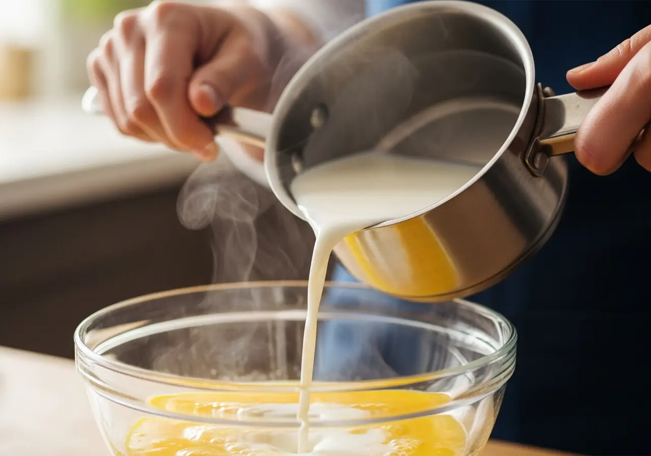 Step 3: Tempering eggs with warm milk to create a smooth custard for ice cream.