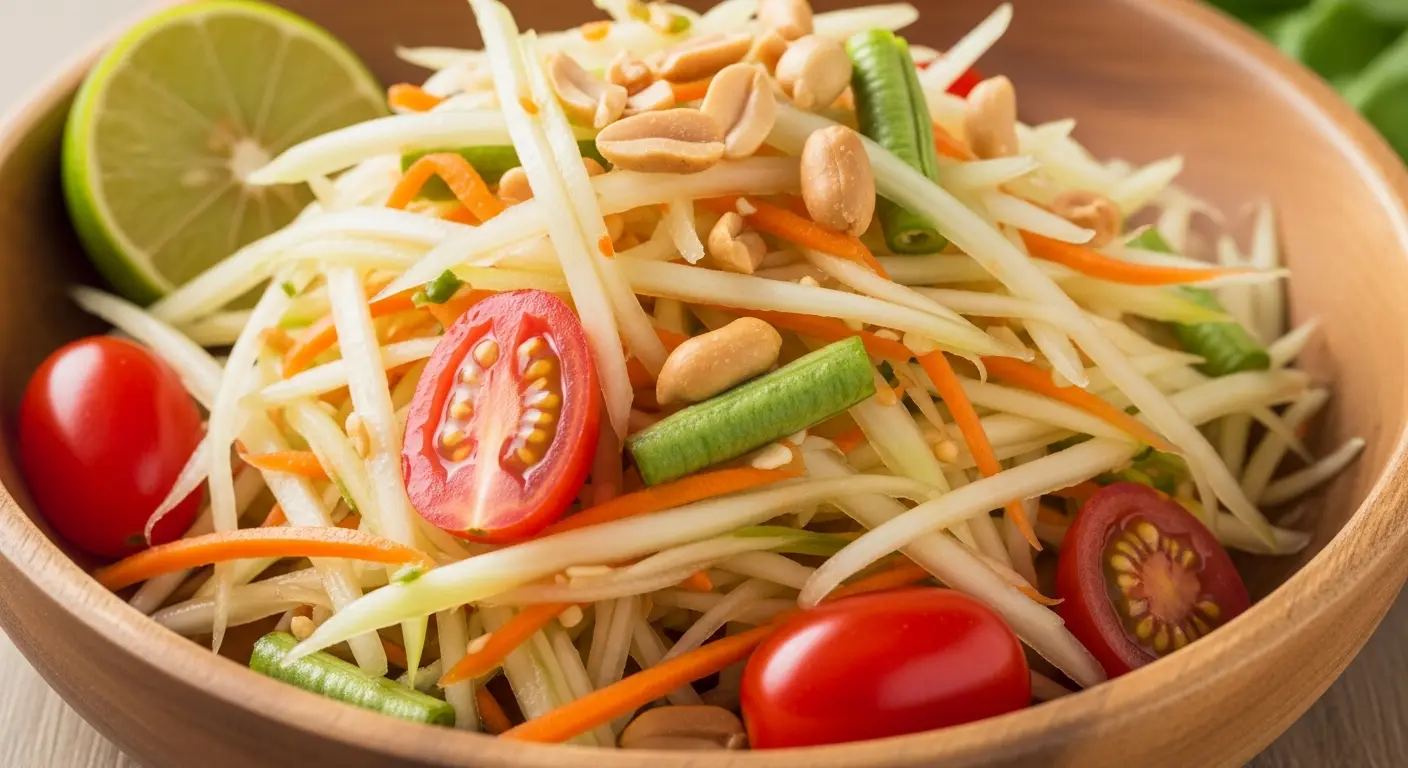 Colorful bowl of authentic Thai green papaya salad with shredded vegetables, tomatoes, and peanuts.
