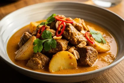 A steaming bowl of Thai Massaman beef curry with tender meat, potatoes, and rich coconut sauce, garnished with peanuts and cilantro.
