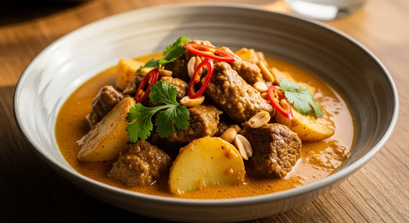 A steaming bowl of Thai Massaman beef curry with tender meat, potatoes, and rich coconut sauce, garnished with peanuts and cilantro.