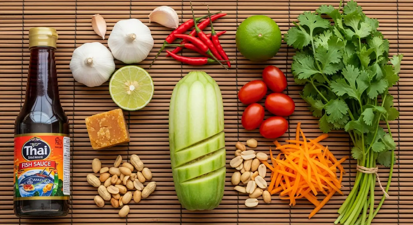 Ingredients for Som Tum salad: green papaya, chilies, limes, fish sauce, palm sugar, and peanuts.