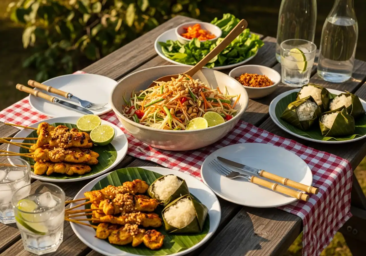 Thai green papaya salad served family-style with grilled chicken satay and sticky rice.