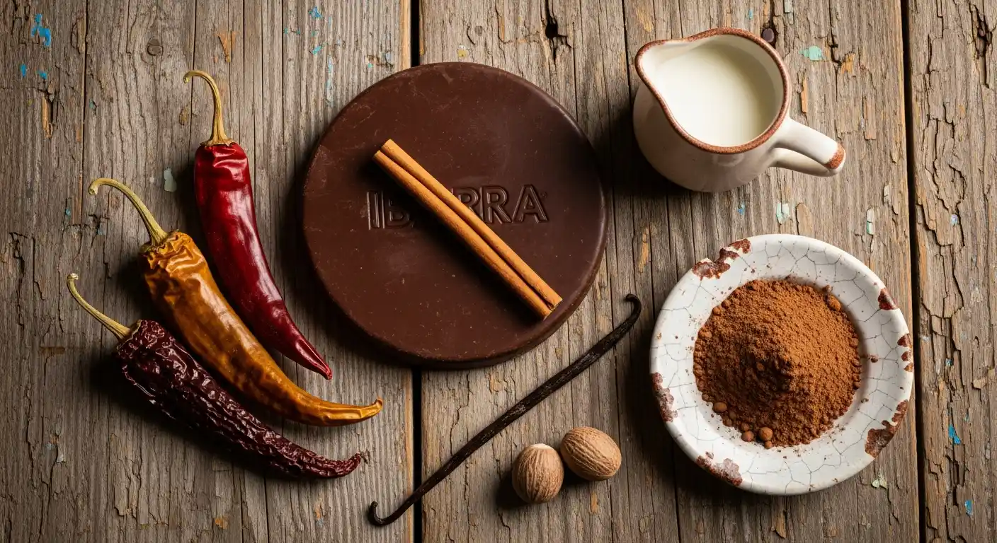 Ingredients for Mexican hot chocolate: chocolate tablet, cinnamon, chili, and spices.