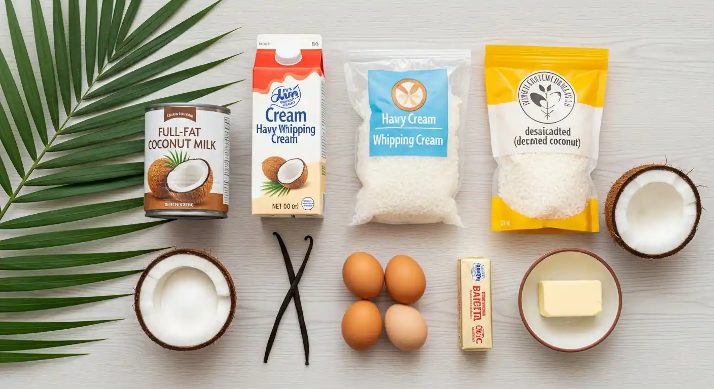 Ingredients for coconut cream pie: coconut milk, cream, shredded coconut, eggs, and vanilla.