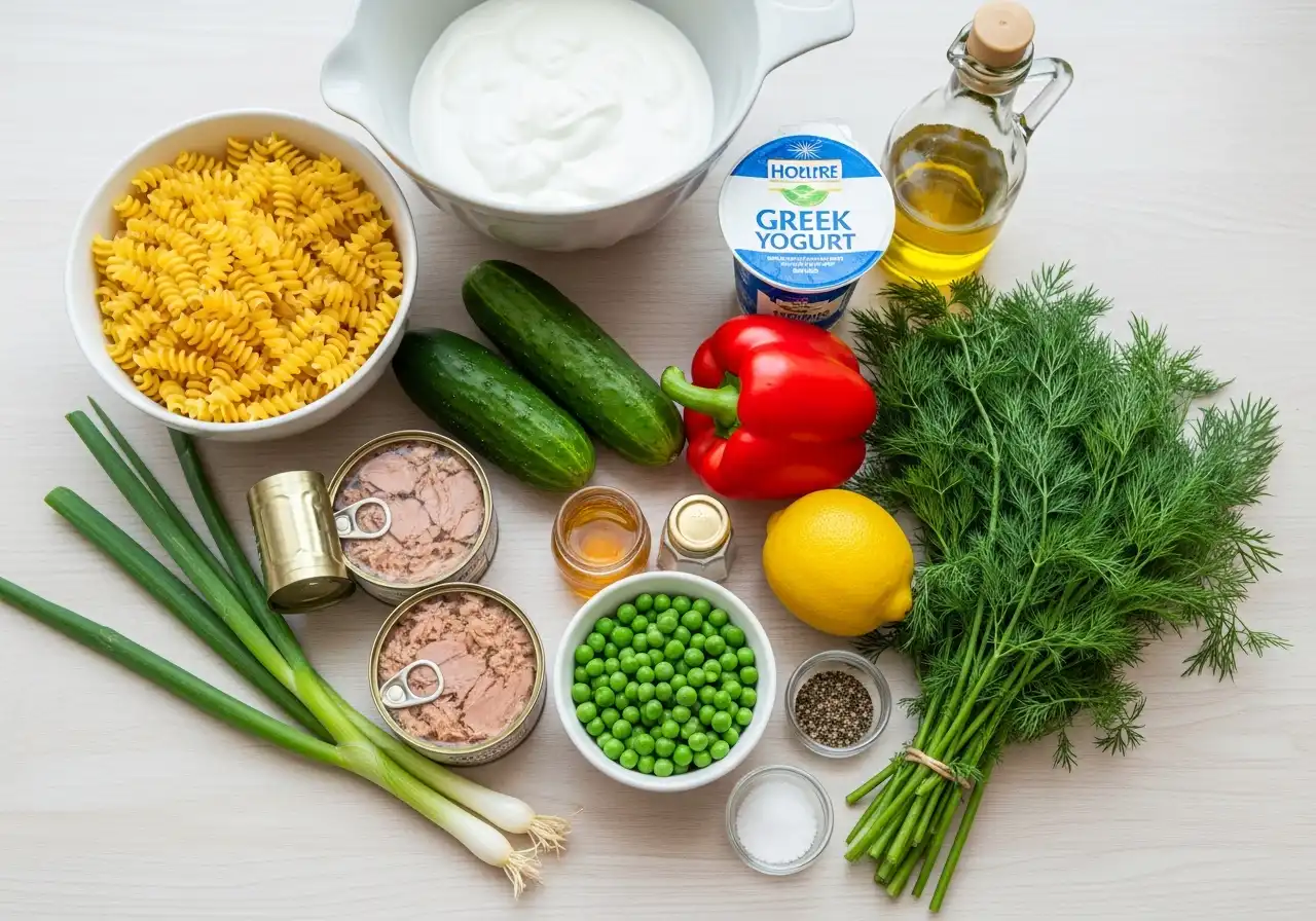 Ingredients for tuna pasta salad: tuna, pasta, peas, dill, yogurt, and vegetables.