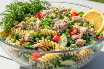 Tuna pasta salad with peas, cucumber, and fresh dill in a glass bowl.