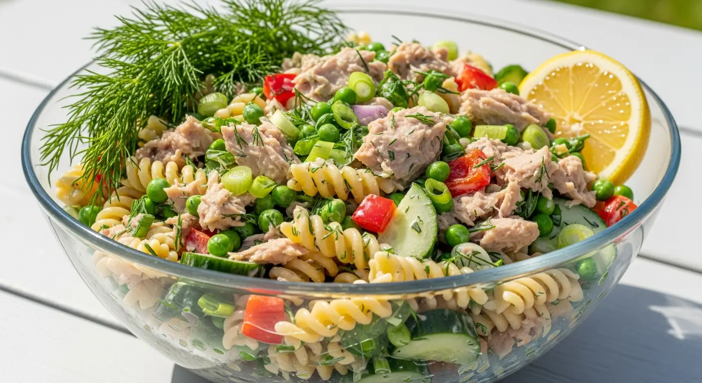 Tuna pasta salad with peas, cucumber, and fresh dill in a glass bowl.