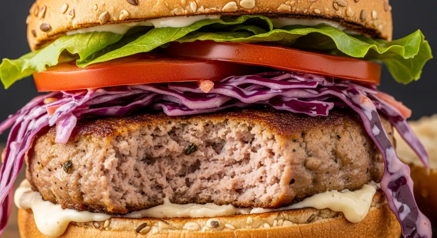 A turkey burger on a bun topped with fresh lettuce, tomato, and colorful coleslaw.