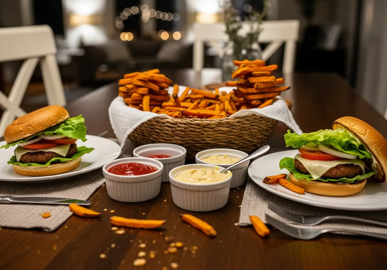 Plated turkey burgers and a basket of sweet potato fries served for a family dinner.