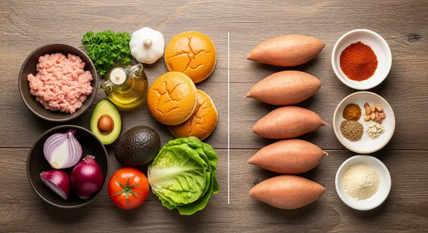 Fresh ingredients for making turkey burgers and baked sweet potato fries.