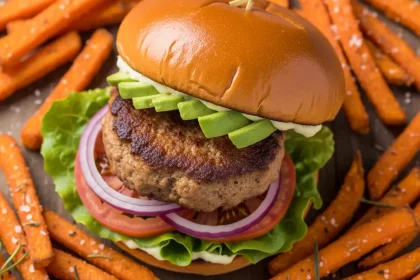 Overhead shot of a juicy turkey burger with avocado and a side of crispy sweet potato fries.