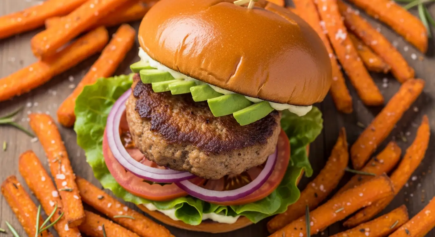 Overhead shot of a juicy turkey burger with avocado and a side of crispy sweet potato fries.
