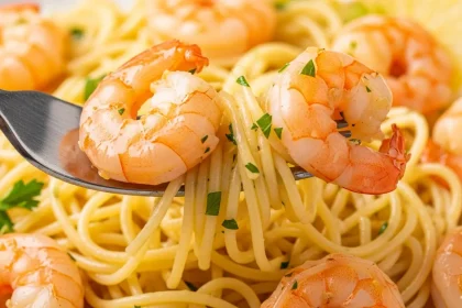 A fork twirling angel hair pasta and shrimp in a garlic lemon butter sauce.