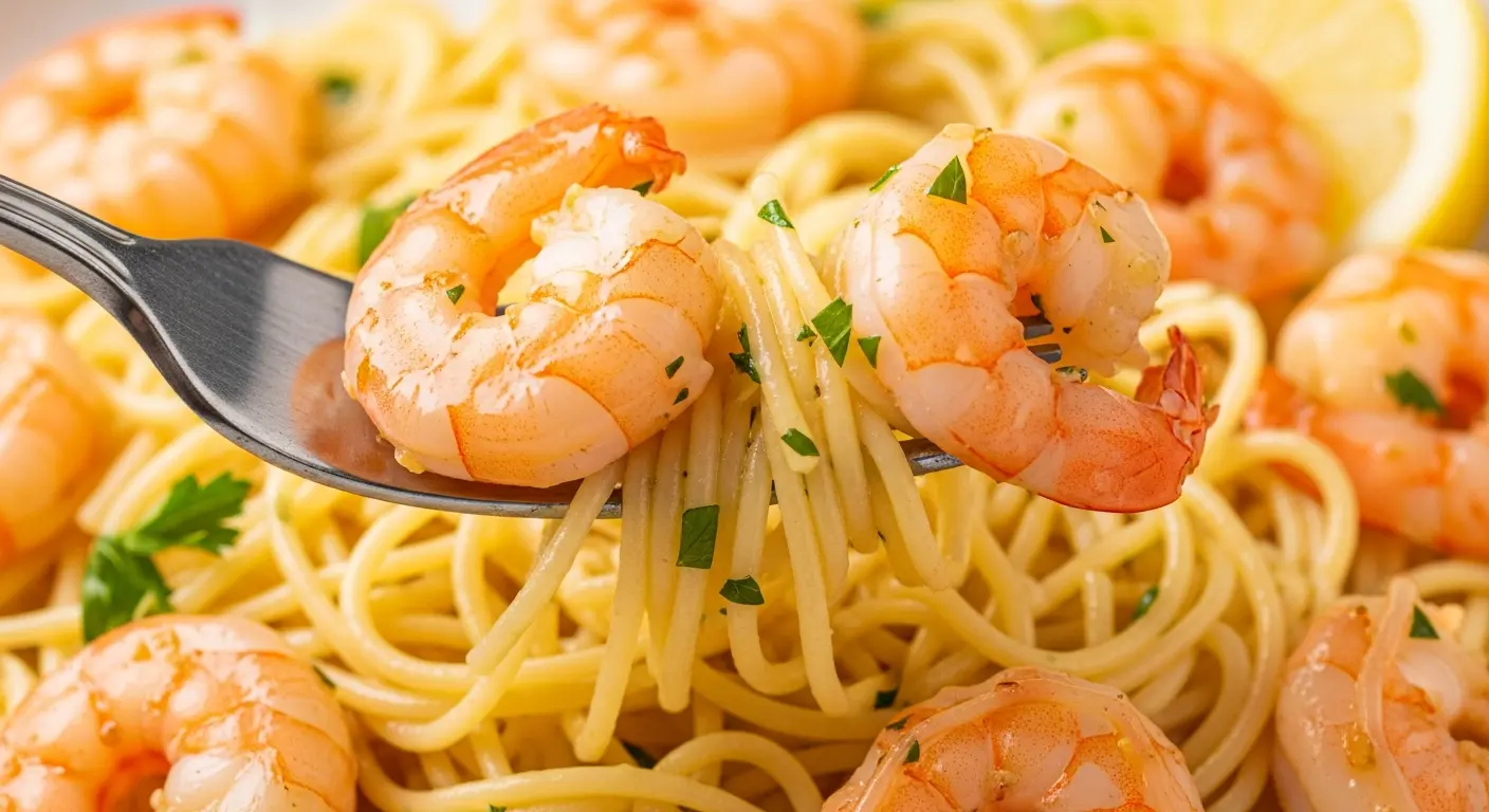 A fork twirling angel hair pasta and shrimp in a garlic lemon butter sauce.