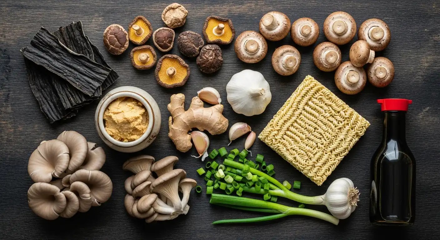 Ingredients for vegan ramen: dried and fresh mushrooms, miso, kombu, noodles, and aromatics.
