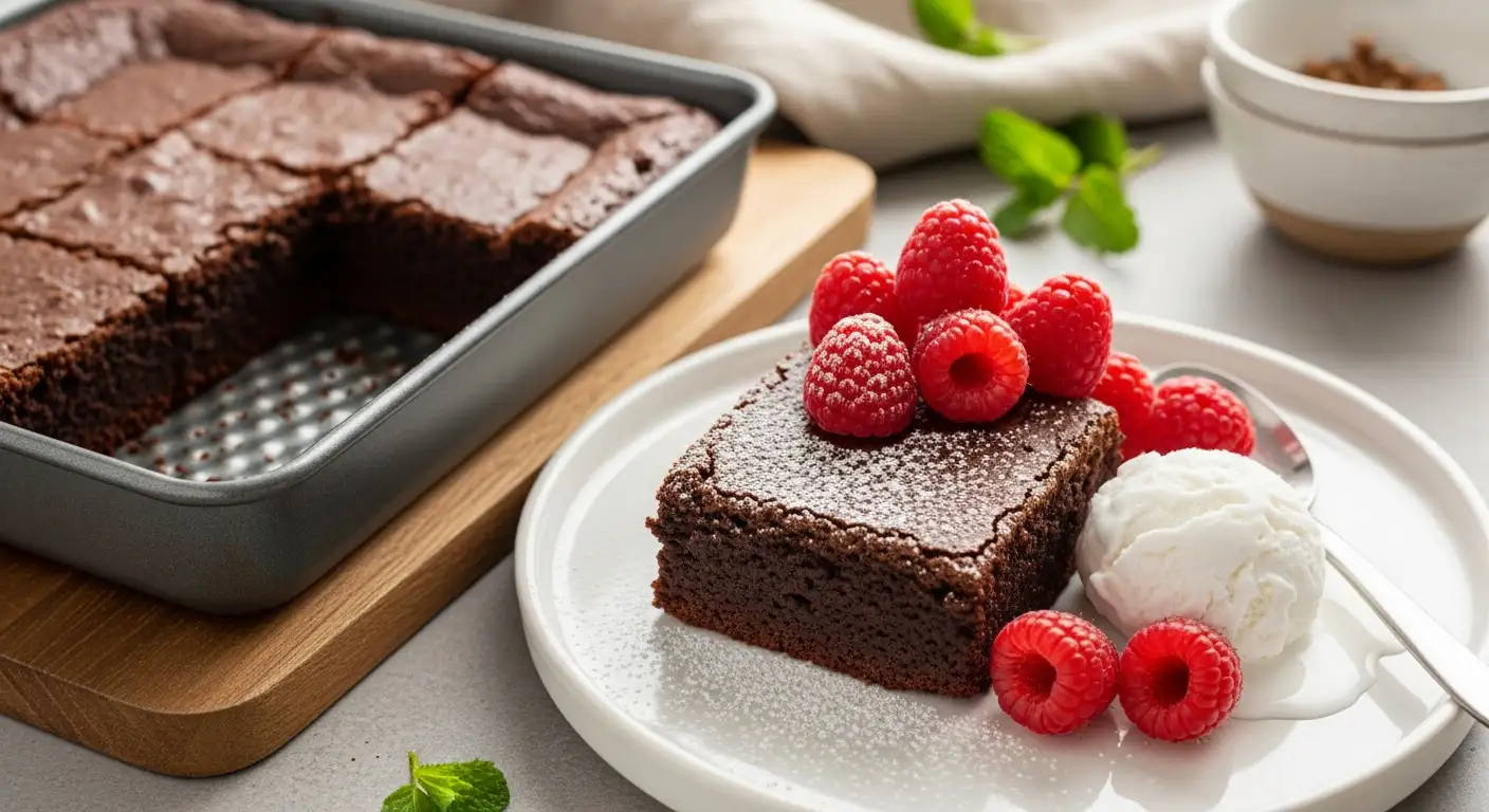 Pan of fudgy vegan brownies served with a square on a plate with raspberries and coconut ice cream.