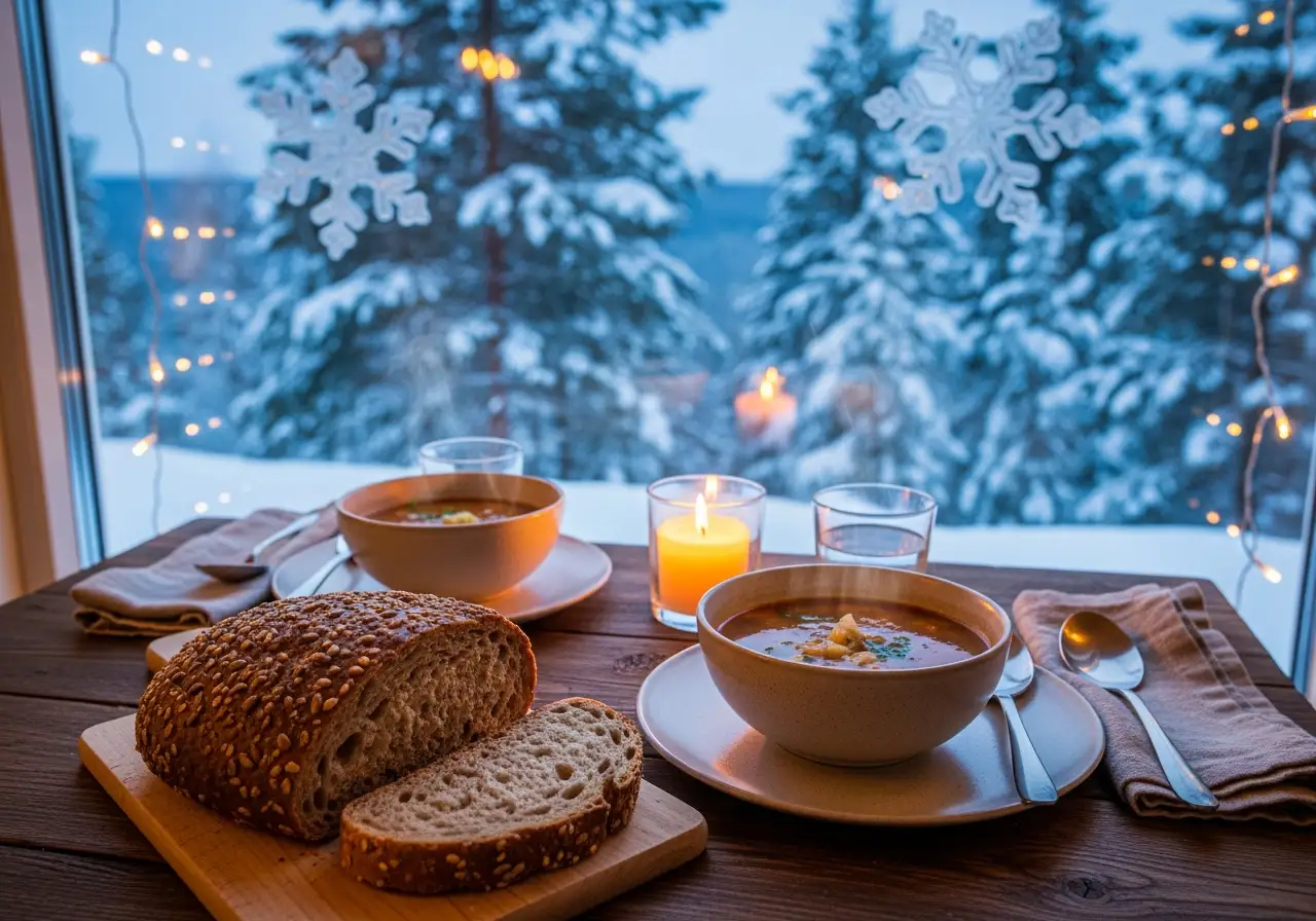 Two bowls of vegan lentil soup with crusty bread served for a cozy winter dinner.