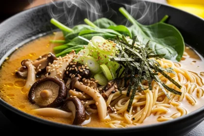 A steaming bowl of vegan ramen with shiitake mushrooms, baby spinach, and nori in a rich umami miso broth, plant-based comfort food.