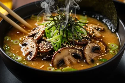 Bowl of vegan ramen with assorted mushrooms, nori, and green onions in savory miso broth.