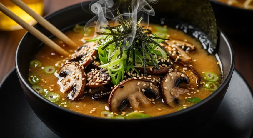 Bowl of vegan ramen with assorted mushrooms, nori, and green onions in savory miso broth.