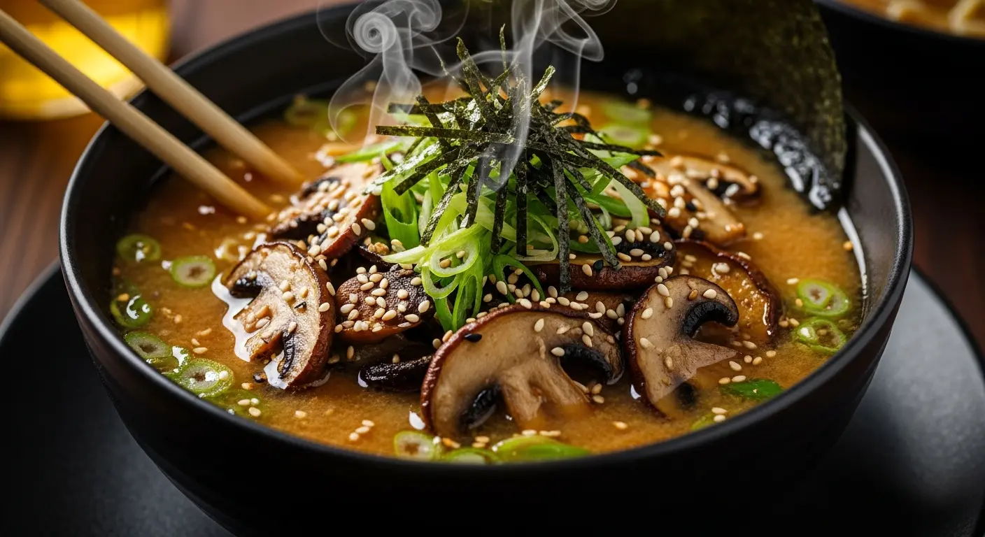 Bowl of vegan ramen with assorted mushrooms, nori, and green onions in savory miso broth.