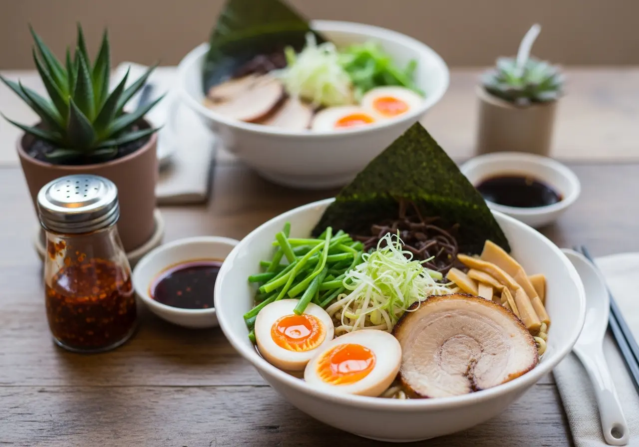 Two bowls of vegan mushroom ramen served at a cozy dinner table setting.