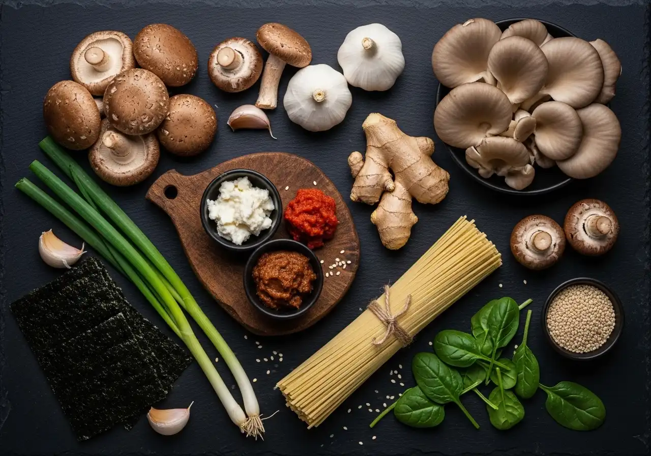 Plant-based ramen ingredients: fresh shiitake, oyster, and cremini mushrooms, miso paste, ramen noodles, garlic, ginger, and nori.