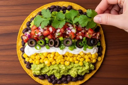 Overhead view of a crispy tostada loaded with colorful vegan layers: beans, guacamole, salsa, and corn.