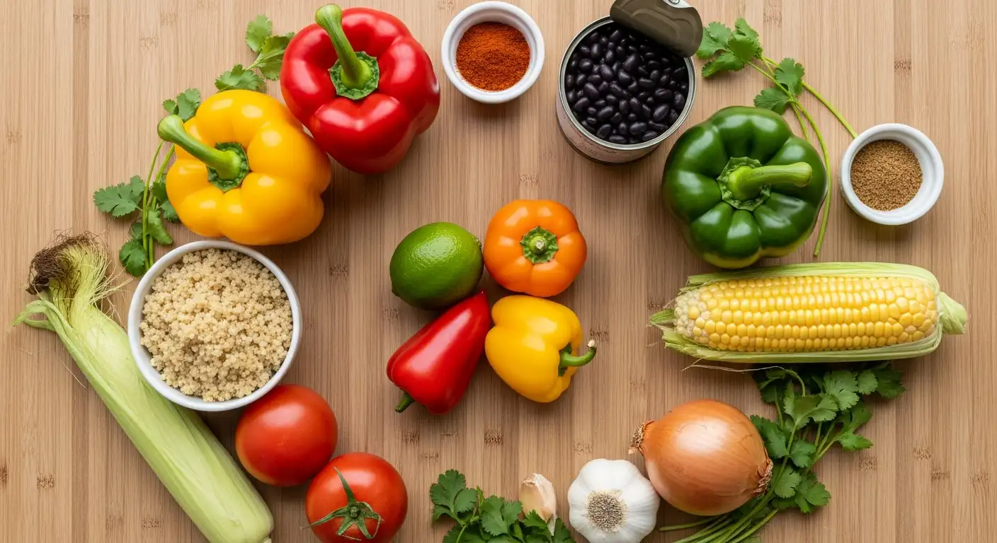 Fresh whole ingredients for vegan stuffed peppers: bell peppers, quinoa, black beans, corn, and spices.