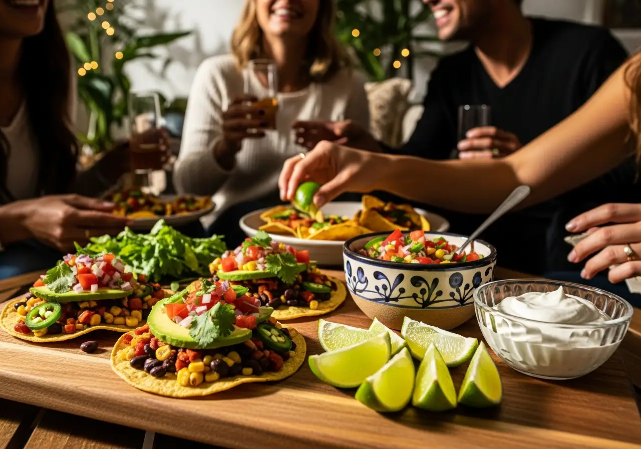 A party platter with fully assembled vegan tostadas, salsa, and lime wedges.