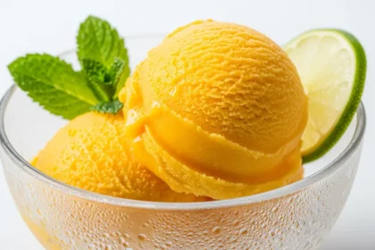 Two smooth, creamy scoops of bright yellow mango sorbet in a glass bowl with mint and lime.