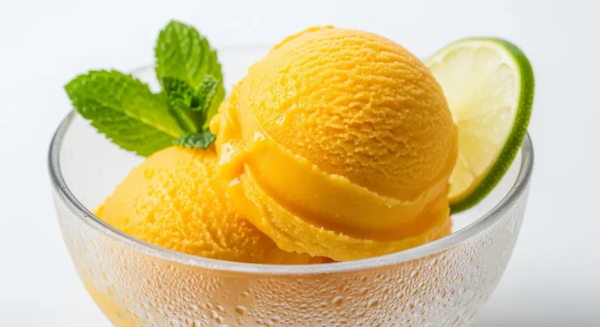 Two smooth, creamy scoops of bright yellow mango sorbet in a glass bowl with mint and lime.